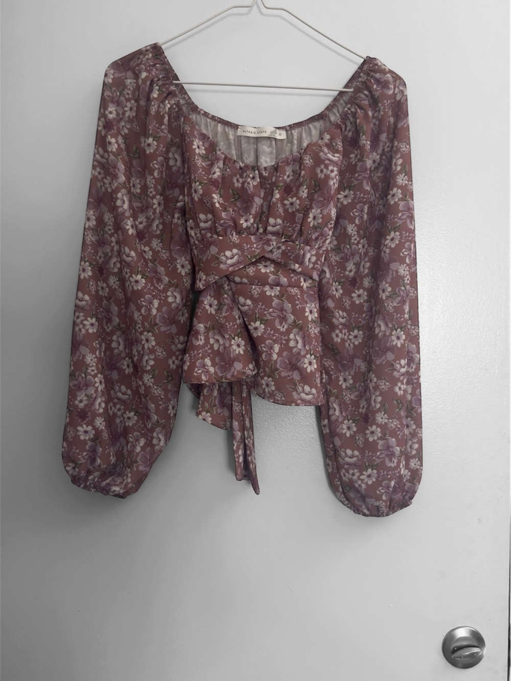 Altar’d State Floral Tie Back Blouse Size Small Dusty Mauve Long Sleeve Boho